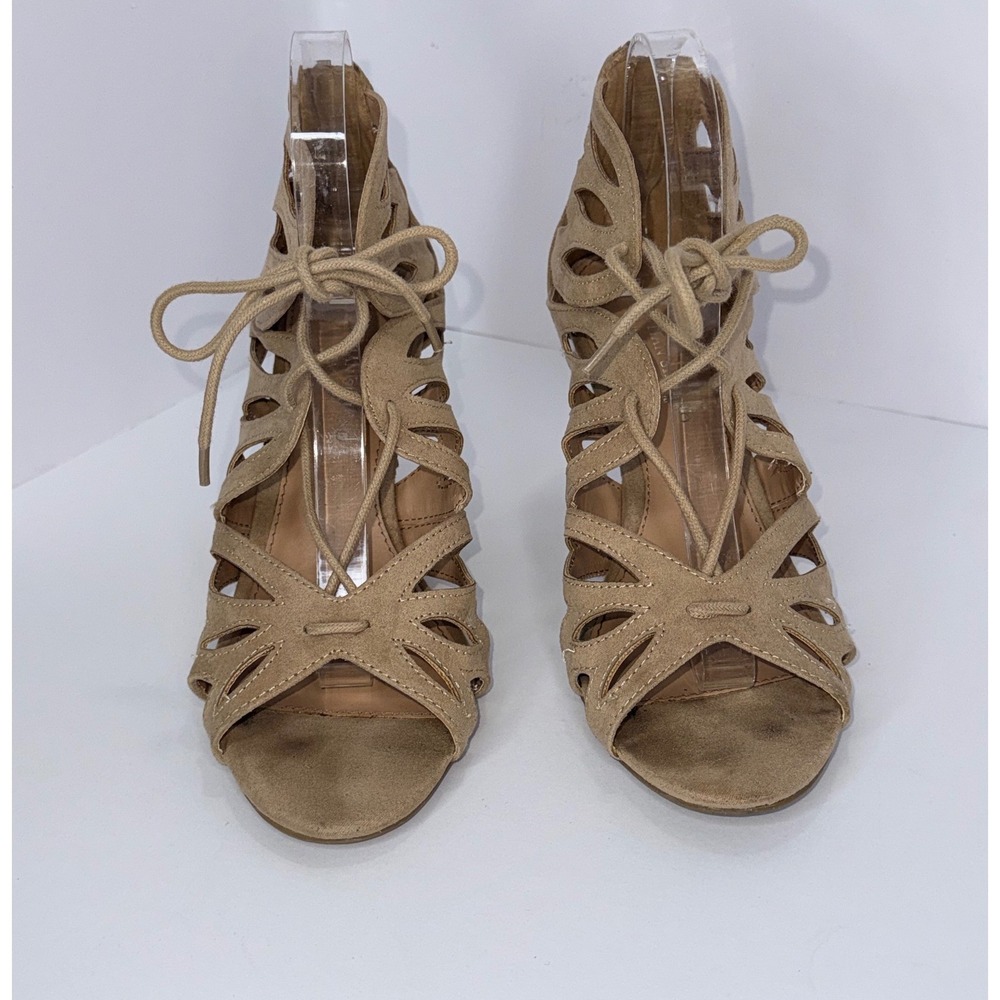 Christian Siriano Stiletto Heel Sandals 8 Tan Caged‎ Lace Up Laser Cut Boho Chic